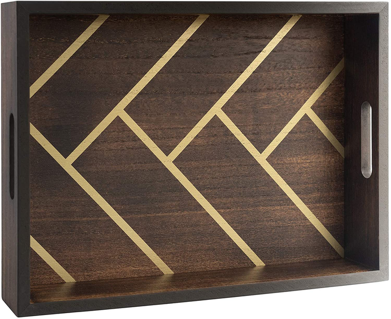 Decorative Coffee Table Tray - Wood with Gold Herringbone Design - 16.5 X 12 - for Ottoman, Serving Tray, Home Decor Home & Garden > Decor > Decorative Trays RubyHill Default Title  