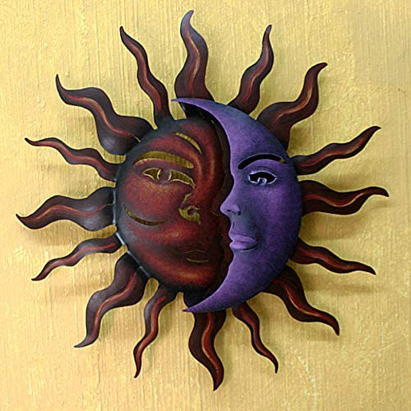 NOVICA Red Purple Sun and Crescent Moon Large Steel Cutout Celestial Indoor Outdoor Wall Art 'Romantic Duality' Home & Garden > Decor > Artwork > Sculptures & Statues NOVICA   