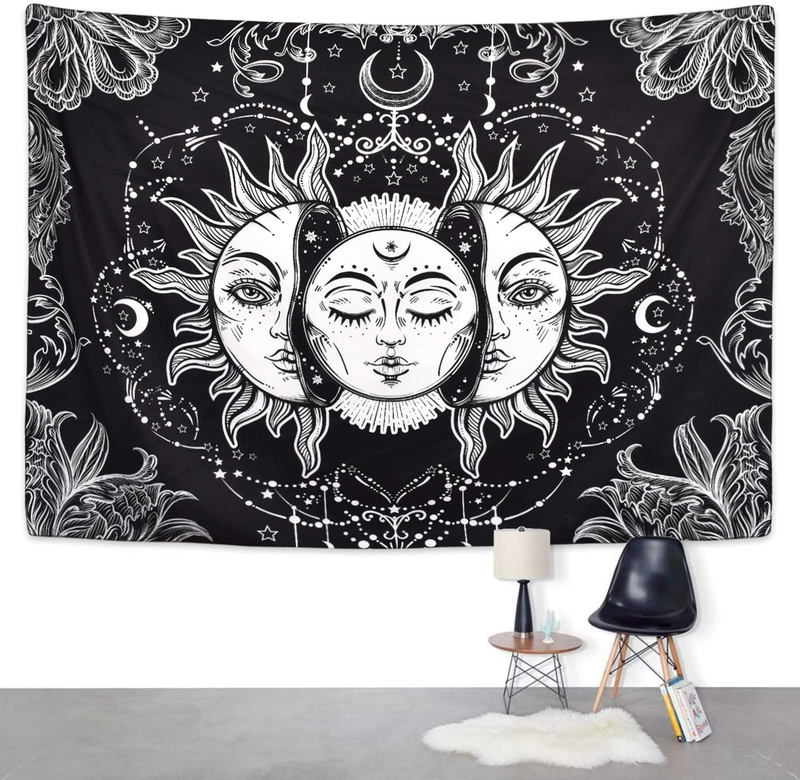 Sun and Moon Tapestry Black and White Burning Sun with Stars Tapestry Psychedelic Tapestry Indian Tapestry for Room