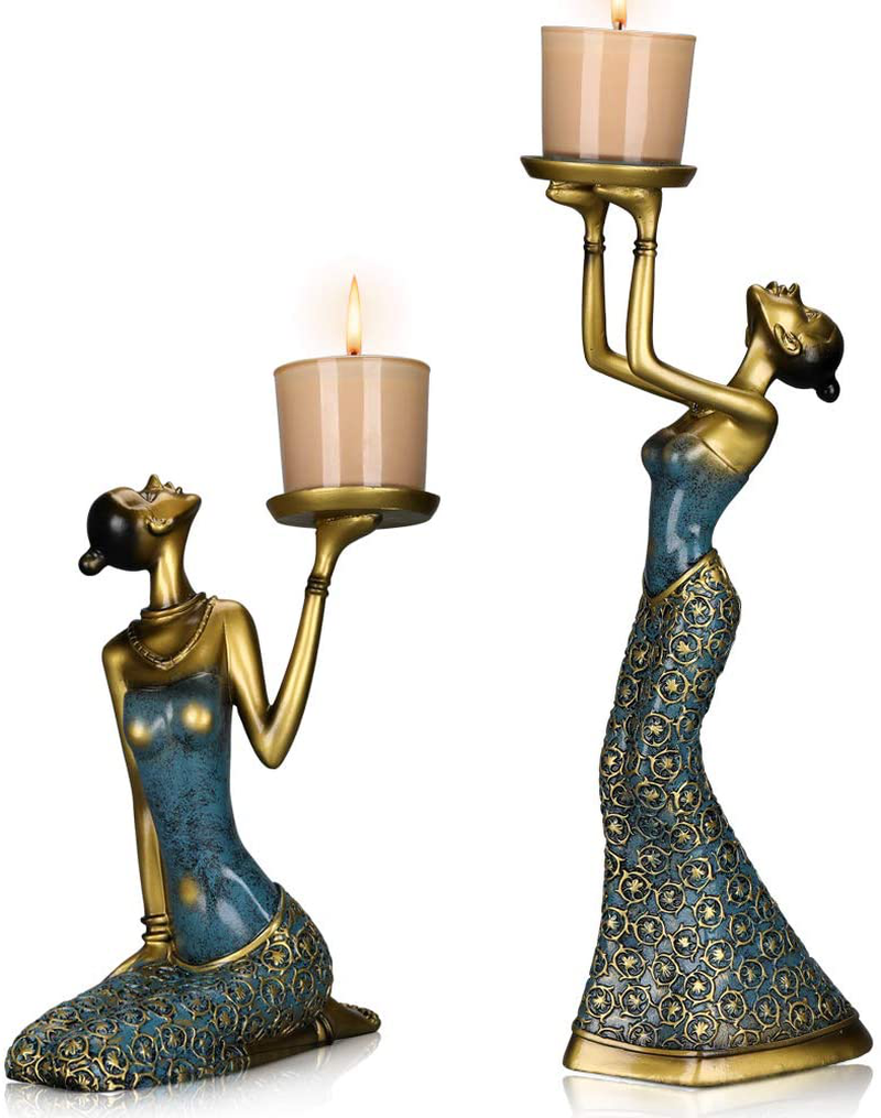 MRealGal Antique Beauty Decorative Candle Holders,Set of 2-Functional Coffee Table Decorations-Centerpieces for Dining/Living Room-Best Wedding/Birthday (Blue, Small)