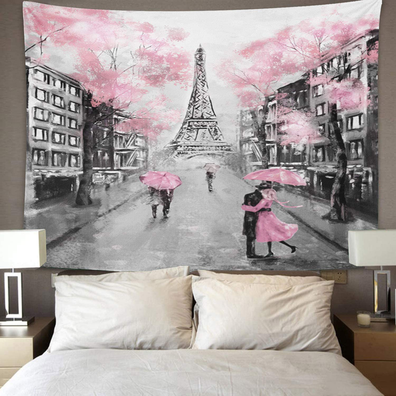 TOMPOP Tapestry Oil Painting Paris European City Landscape France Eiffel Tower Black White Pink Grey Modern Couple Under Home Decor Wall Hanging Living Room Girls Bedroom Dorm 60x80 inches