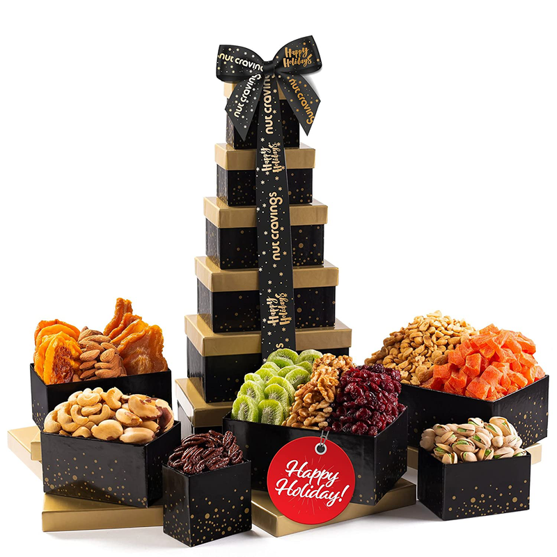 Dried Fruit & Nuts Gift Basket Black Tower + Ribbon (12 Piece Set) Valetines Day 2022 Idea Food Arrangement Platter, Birthday Care Package Variety, Healthy Kosher Snack Box for Adults Prime Home & Garden > Decor > Seasonal & Holiday Decorations Nut Cravings C - Happy Holiday  
