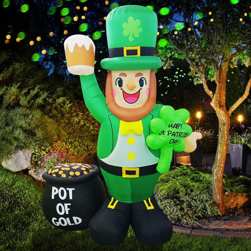 Reeyee 8 FT St.Patrick'S Day Inflatable Decoration Leprechaun Holding Shamrock and Beer, Pot of Gold and Leprechaun, LED Lights Blow up Yard Decoration for Holiday Party, Outdoor, Garden, Yard Lawn Arts & Entertainment > Party & Celebration > Party Supplies ReeYee   