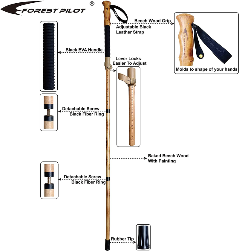 FOREST PILOT Trekking Poles- 1-Pc Pack - Adjustable Hiking or Walking Stick –Strong, Natural Beech Wood - Quick Adjust Flip-Lock - Beech Wood Grip, Leather Strap Sporting Goods > Outdoor Recreation > Camping & Hiking > Hiking Poles MINGTE   