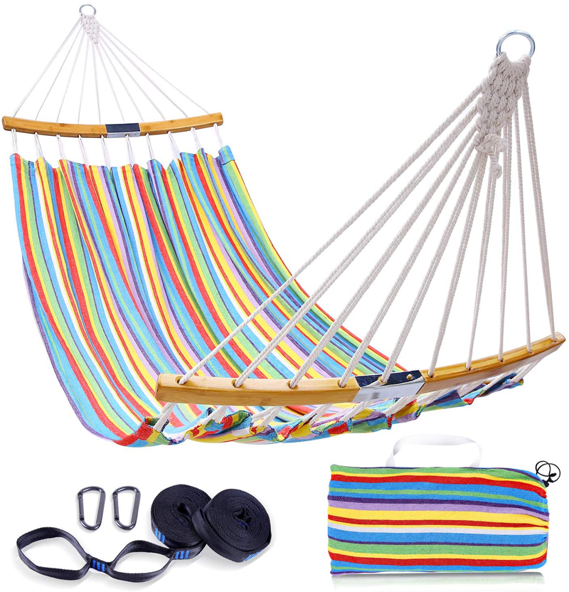 Double Hammock Swing with Tree Straps, Ohuhu Folding Curved-Bar Design Bamboo Hammock with Carrying Bag, Colorful 2 Person Portable Hammock for Patio, Backyard, Camping, Indoor Outdoor Use, Ideal Gift Home & Garden > Lawn & Garden > Outdoor Living > Hammocks Ohuhu Default Title  