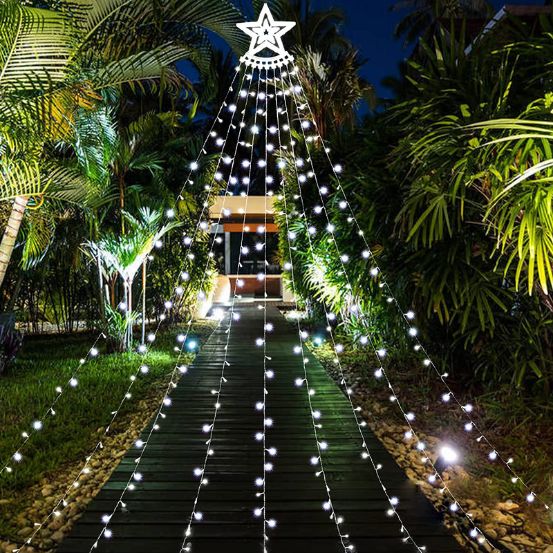 Christmas Decorations Outdoor Star String Lights,349 LED 8 Modes with 14" Topper Star Christmas Tree Lights,Star Waterfall Lights for Outside Tree Yard Wedding Home Party,Multicolor Home & Garden > Decor > Seasonal & Holiday Decorations& Garden > Decor > Seasonal & Holiday Decorations Cobbe Cool White  