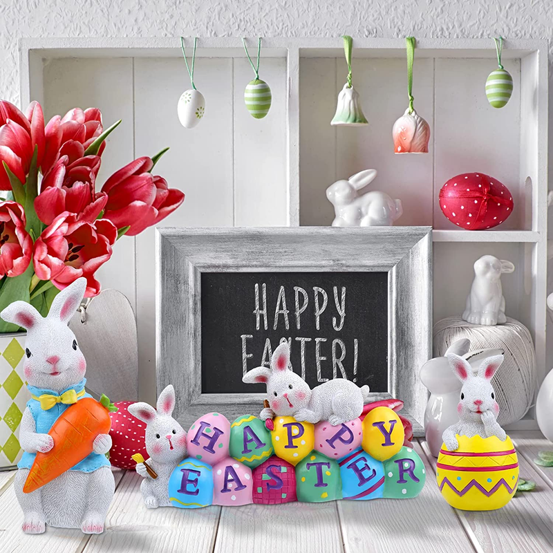 Fovths 3 Pieces Easter Table Decor Happy Easter Resin Bunnies Egg Tabletopper Ornaments Cute Spring Rabbit Statue Centerpieces Decor for Party Home Holiday Decoration