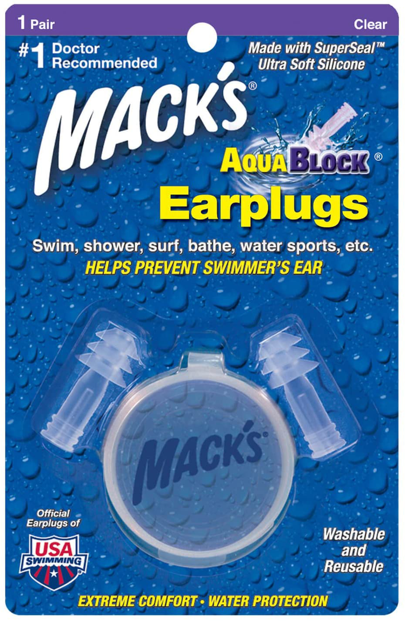 Mack's AquaBlock Swimming Earplugs - Comfortable, Waterproof, Reusable Silicone Ear Plugs for Swimming, Snorkeling, Showering, Surfing and Bathing Sporting Goods > Outdoor Recreation > Boating & Water Sports > Swimming McKeon Products, Inc. 1 Pair - Clear  