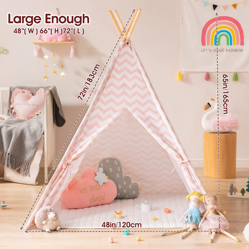 Tiny Land Kids-Teepee-Tent with Soft Mat & Star Lights String, Cotton Kids Play-Tent, for 3,4,5,6 Years Old Girls, Indoor Outdoor Playhouse & Fort, Learning Toy for Toddlers