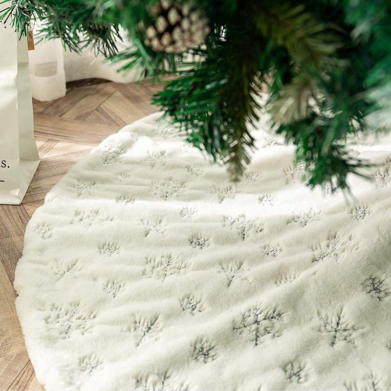 DegGod Plush Christmas Tree Skirts, 48 inches Luxury Snowy White Faux Fur Xmas Tree Base Cover Mat with Silver Snowflakes for Xmas New Year Home Party Decorations (Silver, 48 inches) Home & Garden > Decor > Seasonal & Holiday Decorations > Christmas Tree Skirts DegGod Silver 57 inches 