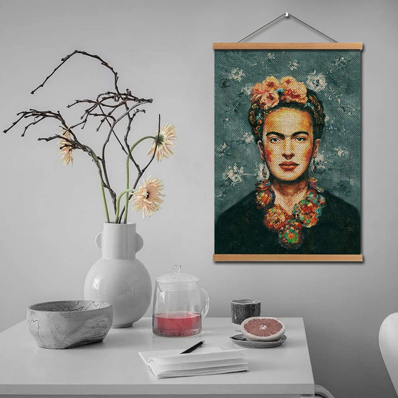 Hanging Poster Frida Kahlo Wall Art - Linen Canvas Prints Portrait Art Painting Picture with Scroll Teak Wood Hanger Ready to Hang for Wall Decor 16x24inch Home & Garden > Decor > Seasonal & Holiday Decorations HW Hongwu   