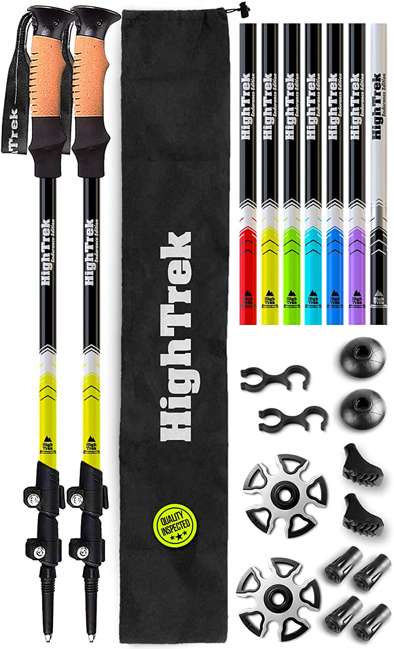 High Trek Trekking Poles - 2-Pc Pack Adjustable Hiking or Walking Sticks - Strong, Lightweight Aluminum 7075 - Quick Adjust Flip-Lock - Cork Grip, Padded Strap