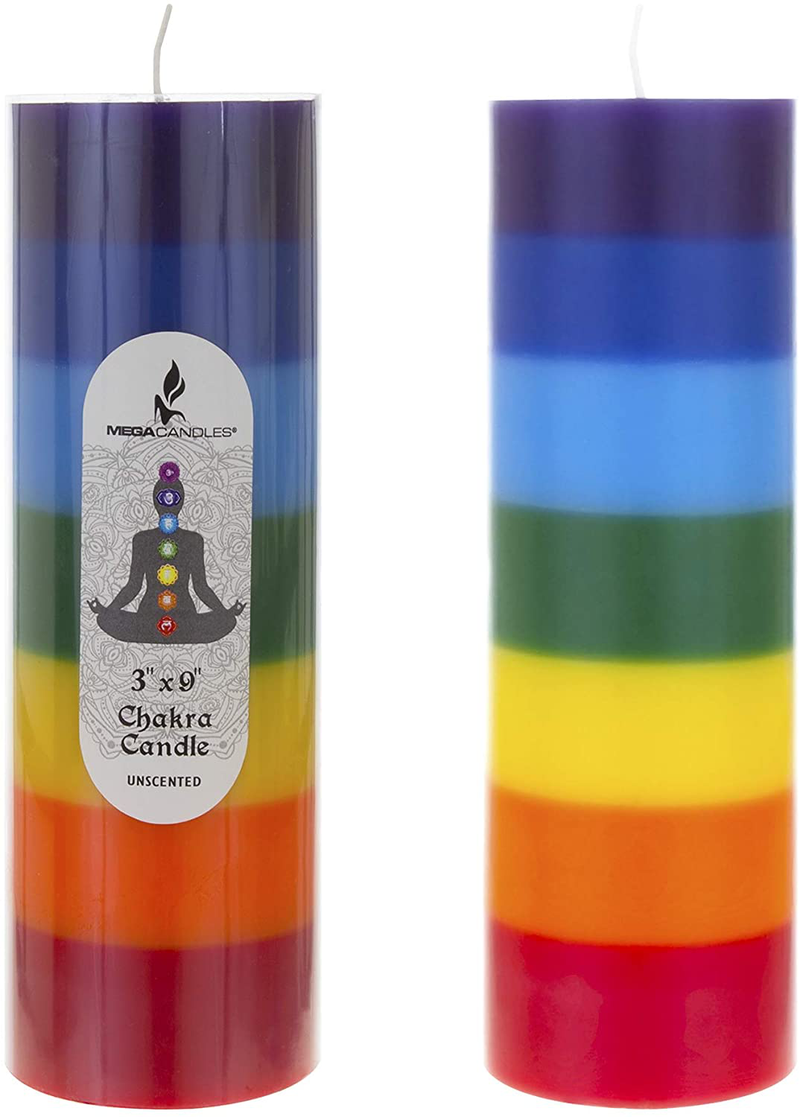 Mega Candles Unscented Multi Color Chakra Round Pillar Candle, Hand Poured Premium Wax Candles 3 Inch x 9 Inch, Cotton Wick, Promotes Positive Energy, Aids Meditation, Relaxation & More Home & Garden > Decor > Home Fragrances > Candles Mega Candles   