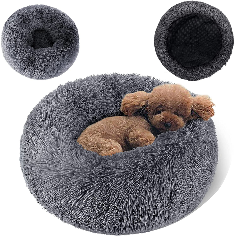 Topmart Plush Calming Dog Bed,Washable Cat Donut Bed,Anti Anxiety Plush Dog Bed,Faux Fur Donut Cuddler Cat Bed for Small Dogs and Cats,23" × 23",Grey Animals & Pet Supplies > Pet Supplies > Cat Supplies > Cat Beds Topmart Gray S 