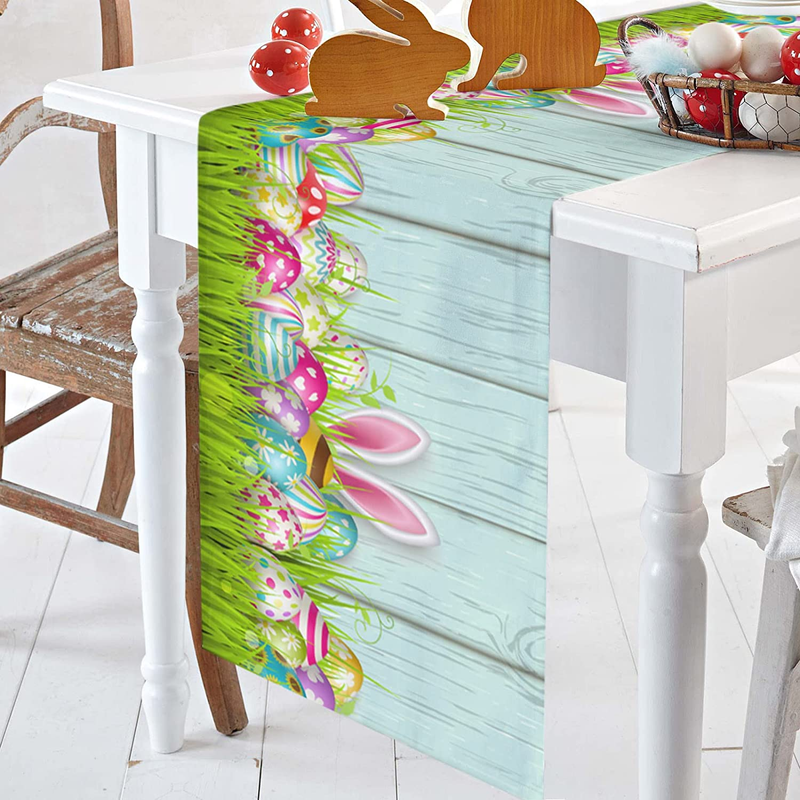 Easter Cotton Linen Table Runner Dresser Scarves,Happy Easter Colorful Eggs Rabbit Spring Grass Table Runners for Dinning Table,Farmhouse Spring Holiday Kitchen Dinner Decoration-13X90 Inch Home & Garden > Decor > Seasonal & Holiday Decorations Artwork Store   