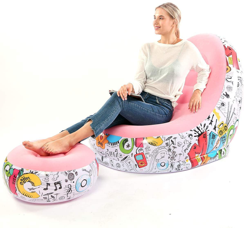 Lazy Sofa, Inflatable Sofa, Family Inflatable Lounge Chair, Graffiti Pattern Flocking Sofa, with Inflatable Foot Cushion, Suitable for Home Rest or Office Rest, Outdoor Folding Sofa Chair (Pink) Sporting Goods > Outdoor Recreation > Camping & Hiking > Camp Furniture BOMTTY   