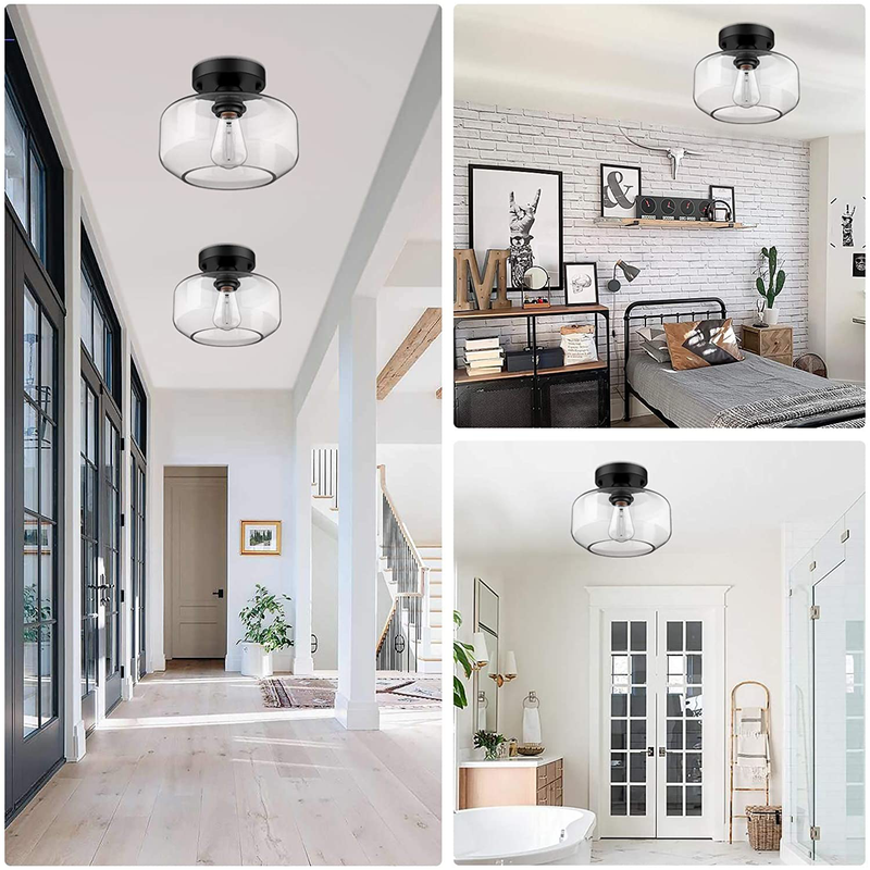 Semi Flush Mount Ceiling Light, Industrial Clear Glass Shade Ceiling Light Fixture, Farmhouse Light Fixtures for Hallway Bedroom Bathroom Kitchen Entryway Porch Dining Room Corridor, Bulb Not Included