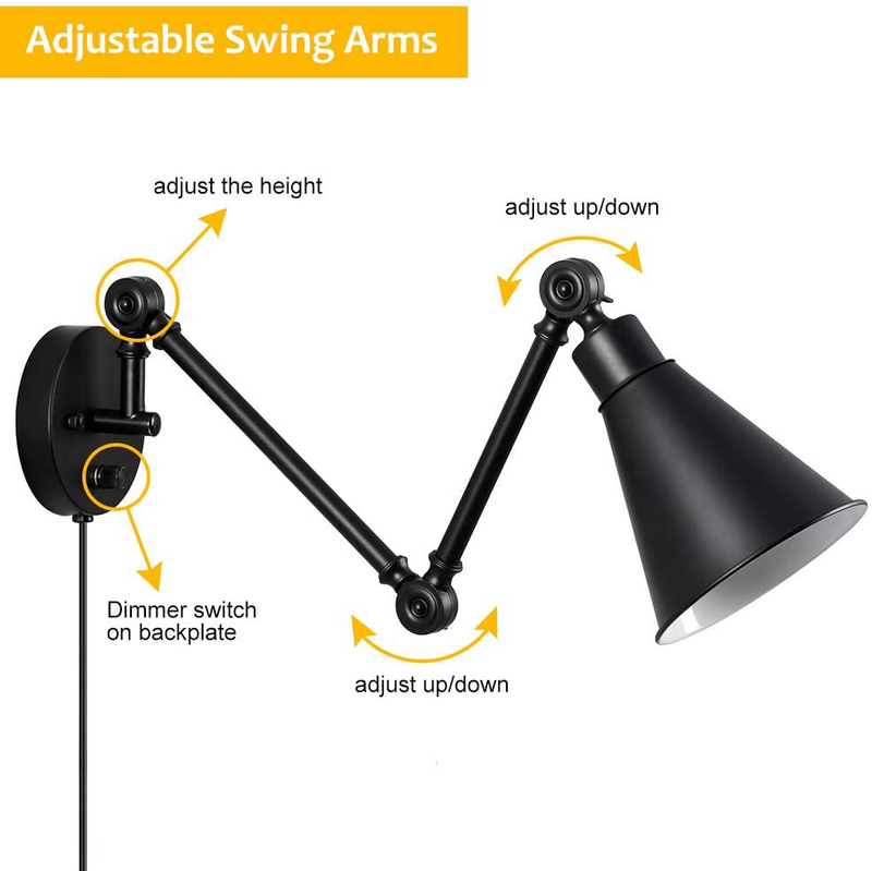Swing Arm Wall Lamp, Dimmable Wall Sconce with On/Off Switch Industrial Wall Light Fixtures Set of 2 for Bedside Reading Living Room Lobby Hallway, Black Plug-In/Hardwire