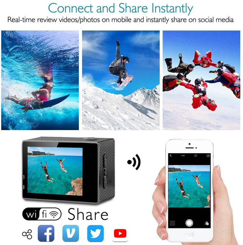 Dragon Touch 4K Action Camera 16MP Vision 3 Underwater Waterproof Camera 170° Wide Angle WiFi Sports Cam with Remote 2 Batteries and Mounting Accessories Kit Cameras & Optics > Cameras > Video Cameras Dragon Touch   