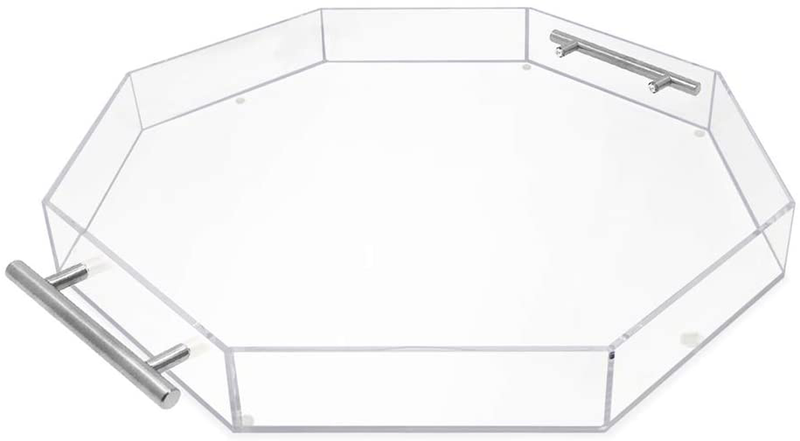 Isaac Jacobs Clear Acrylic Serving Tray (11x14) with Gold Metal Handles, Spill-Proof, Stackable Organizer, Food & Drinks Server, Indoors/Outdoors, Lucite Storage Décor (11x14, Clear with Gold Handle) Home & Garden > Decor > Decorative Trays Isaac Jacobs International Clear With Silver Handle 18x18 (Octagon) 