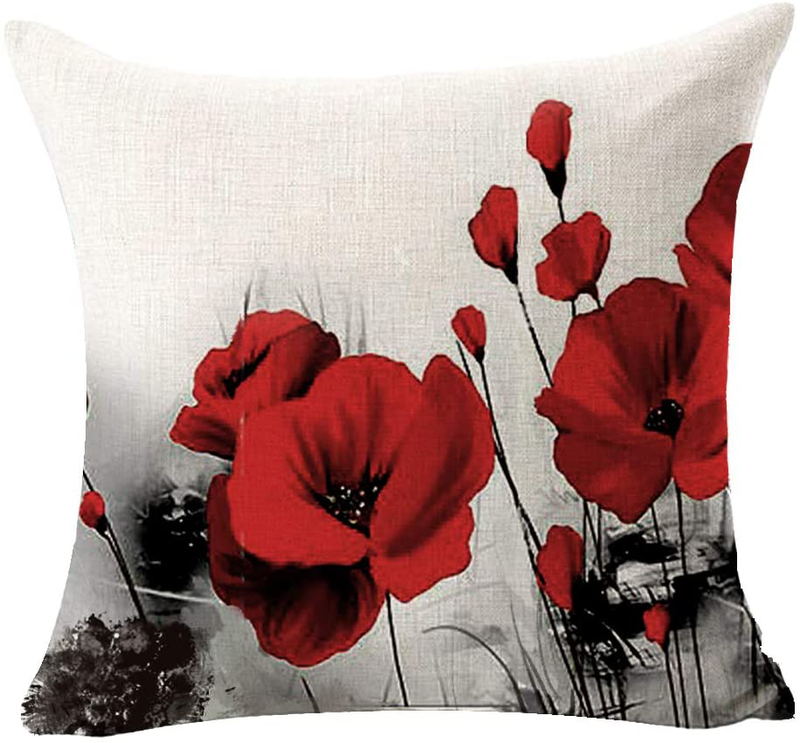 NIDITW Pack of 4 Watercolor Ink Painting Red Poppy Flower Cotton Burlap Decorative Square Throw Pillow Case Cushion Cover for Couch Living Room 18 Inches (A) Home & Garden > Decor > Chair & Sofa Cushions NIDITW   