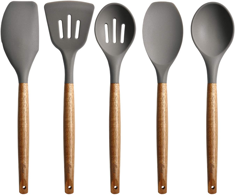 Miusco Non-Stick Silicone Cooking Utensils Set with Natural Acacia Hard Wood Handle, 5 Piece, Grey, High Heat Resistant Home & Garden > Kitchen & Dining > Kitchen Tools & Utensils Miusco Gray  