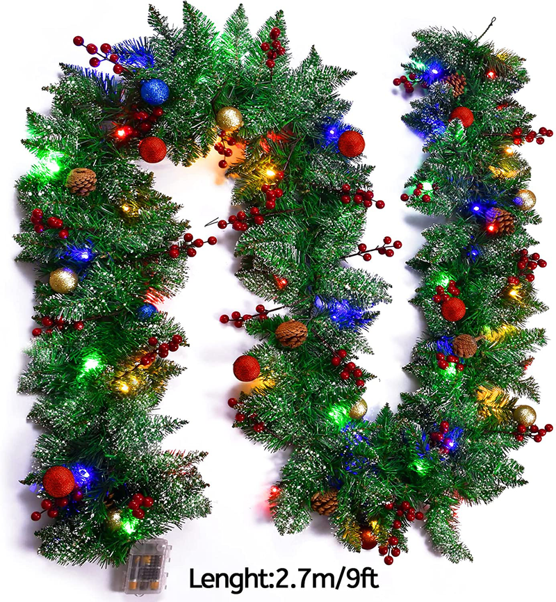 Lapogy Christmas Decorations Garland with 50 Lights,9ft Artificial Christmas Battery Operated Wreath with Colorful Ball and Red Berries,Pine Cones,Garland for Fireplace,Indoor,Oudoor Green Decor Home & Garden > Decor > Seasonal & Holiday Decorations& Garden > Decor > Seasonal & Holiday Decorations Lapogy   