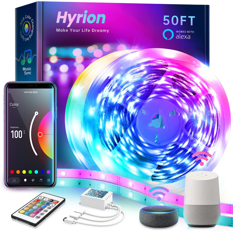 Hyrion 50Ft Smart Led Strip Lights for Bedroom, Sound Activated Color Changing with Alexa and Google, Music Sync RGB Led Lights with App Controlled for Room Decoration(2 Rolls of 25Ft) Home & Garden > Decor > Seasonal & Holiday Decorations hyrion 50ft  