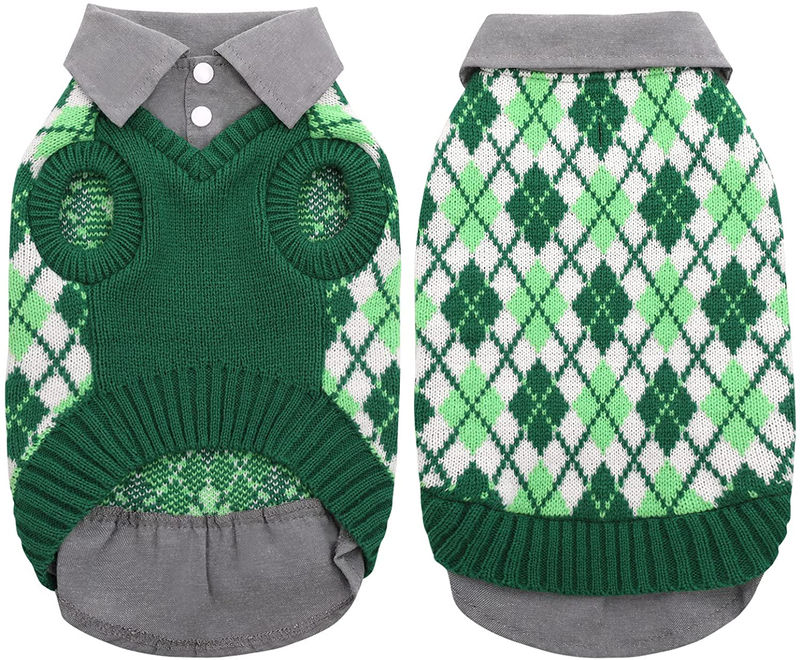 LETSQK Dog Sweater Dog Knitted Pet Clothes Classic Dog Winter Outfit with Plaid Argyle Patterns Warm Dog Sweatshirt with Polo Collar for Small Medium Puppies Dogs Cats Animals & Pet Supplies > Pet Supplies > Cat Supplies > Cat Apparel LETSQK Green Medium 