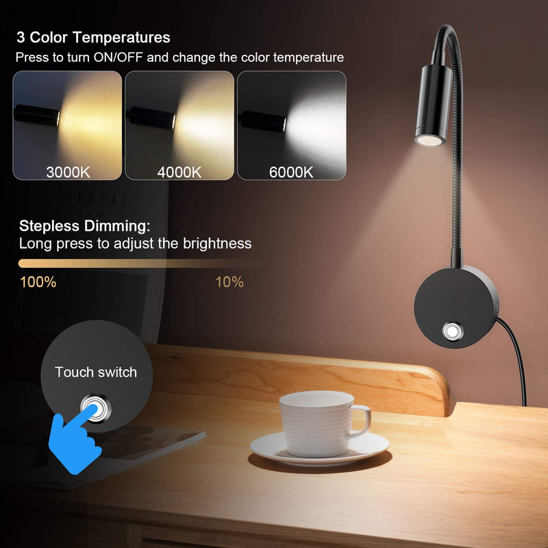 Dimmable LED Wall Mounted Reading Light with 11" Flexible Gooseneck & USB Charging Port - ERAY Plug-In Bedside Reading Wall Lamp Touch Adjustable 3 Colors Temperature Light Black - 2 Pack