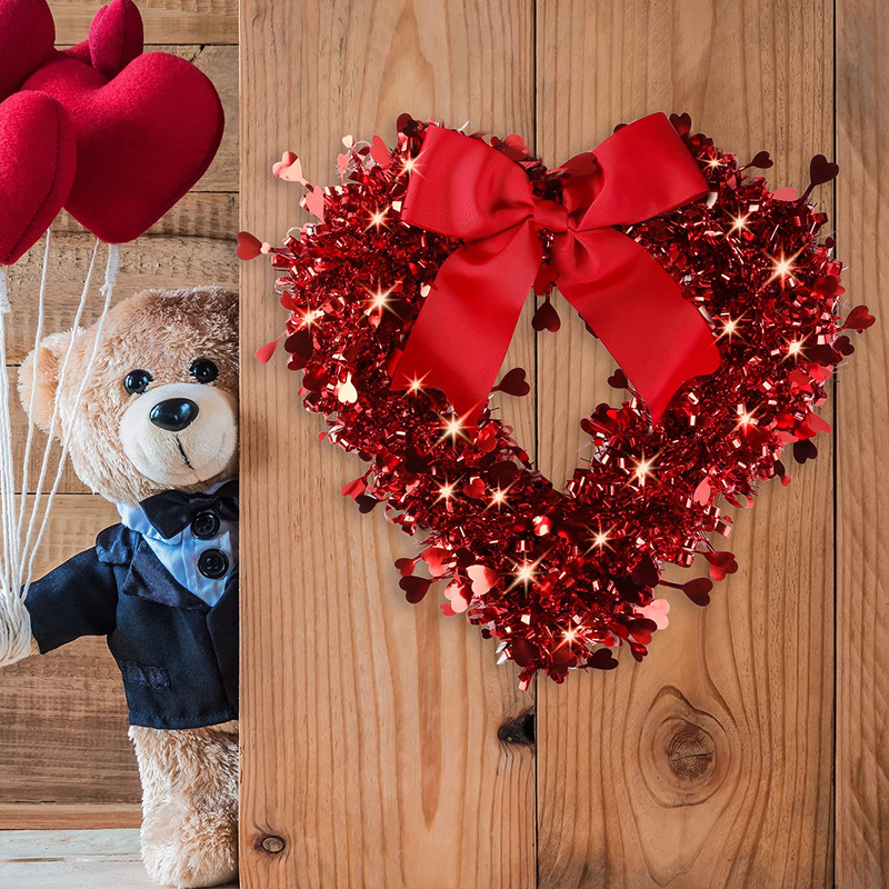 Sggvecsy 18’’ Tinsel Heart Shaped Wreath Red Heart Wreaths Valentine'S Day Heart Wreath with Red Bow LED Lights for Front Door Wedding Party Anniversary Wall Gift for Girlfriend Mother’S Day Decor Home & Garden > Decor > Seasonal & Holiday Decorations Sggvecsy   