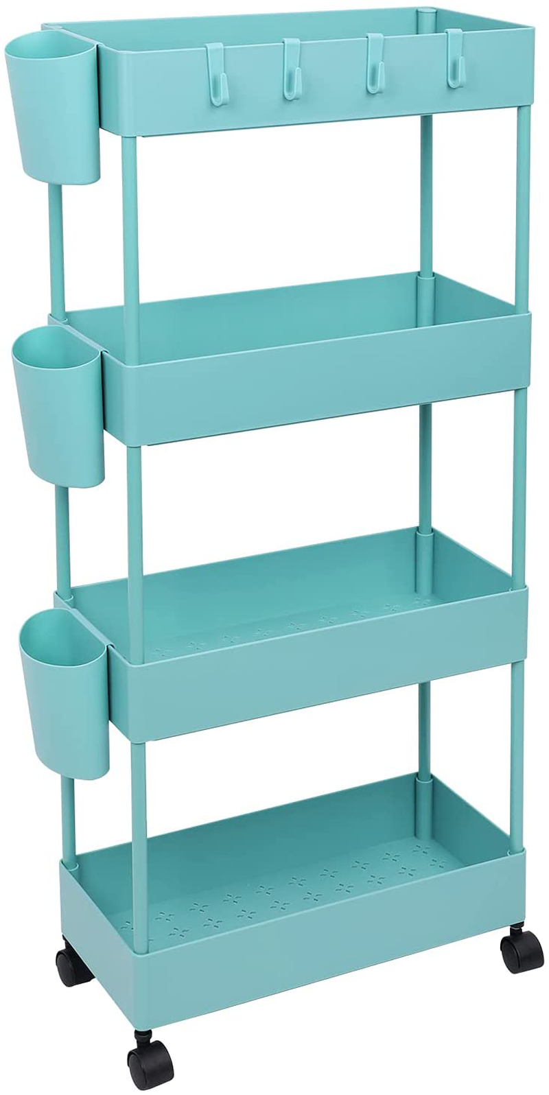OVAKIA 4-Tier Slim Rolling Utility Cart Storage Shelves Trolley Storage Organizer Shelving Rack with Mesh Baskets / Wheel Casters for Laundry Pantry Bathroom Kitchen Office Narrow Places(Teal) Home & Garden > Kitchen & Dining > Food Storage LIVECOMFY Teal  