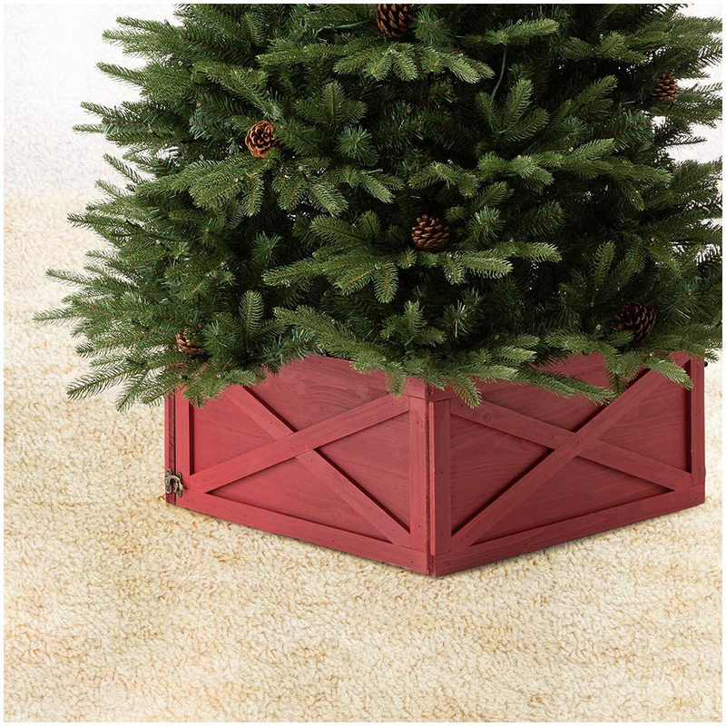 glitzhome Natural Wooden Tree Collar Christmas Tree Skirt Tree Box Tree Stand Cover, 22" L Home & Garden > Decor > Seasonal & Holiday Decorations > Christmas Tree Skirts Glitzhome Red  