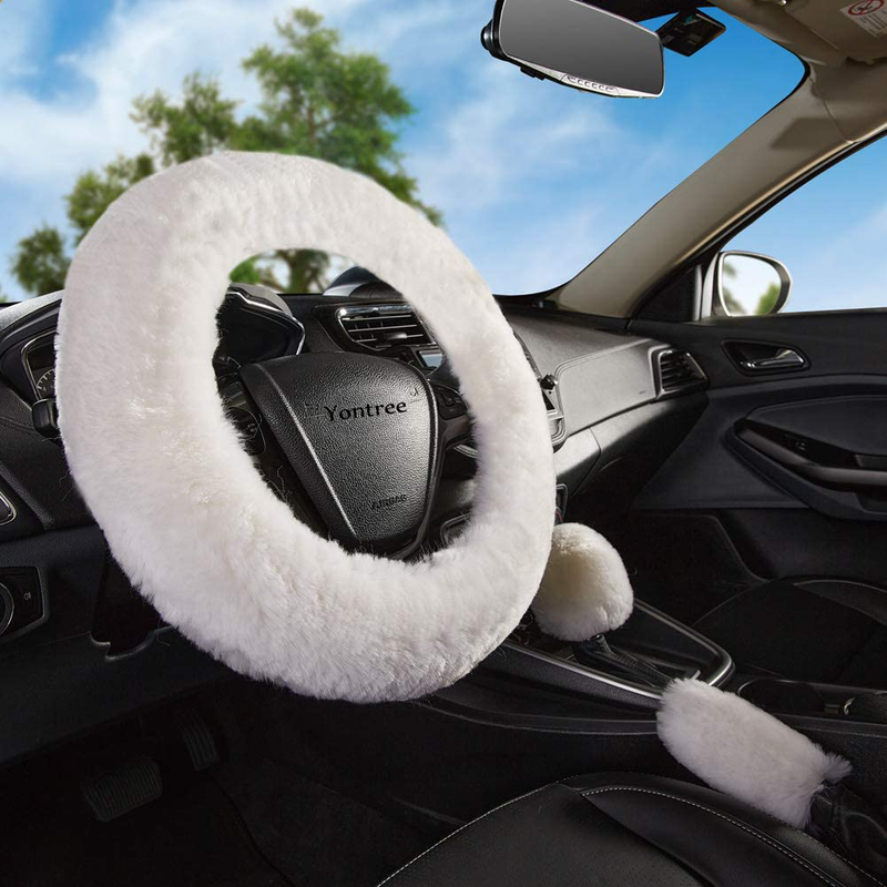 Yontree Fashion Fluffy Steering Wheel Covers for Women/Girls/Ladies Australia Pure Wool 15 Inch 1 Set 3 Pcs (Black) Vehicles & Parts > Vehicle Parts & Accessories > Vehicle Maintenance, Care & Decor > Vehicle Decor > Vehicle Steering Wheel Covers Yontree White Short Hair 