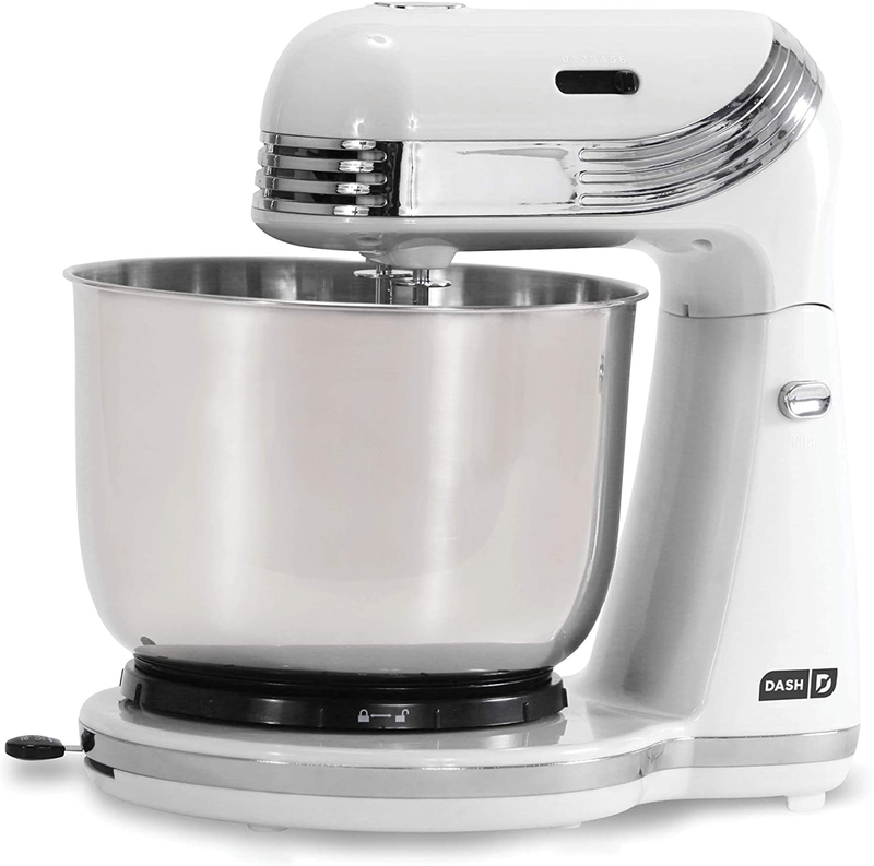 Dash Stand Mixer (Electric Mixer for Everyday Use): 6 Speed Stand Mixer with 3 qt Stainless Steel Mixing Bowl, Dough Hooks & Mixer Beaters for Dressings, Frosting, Meringues & More - Red Home & Garden > Kitchen & Dining > Kitchen Tools & Utensils > Kitchen Knives DASH White Mixer 