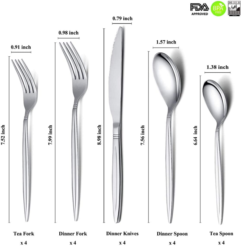 HOMQUEN Flatware Set 20 Pieces, Stainless Steel Silverware Set, Utensils Service for 4, Cutlery Set, Spoons and Forks Sets Dishwasher Safe (Mirror Polish)