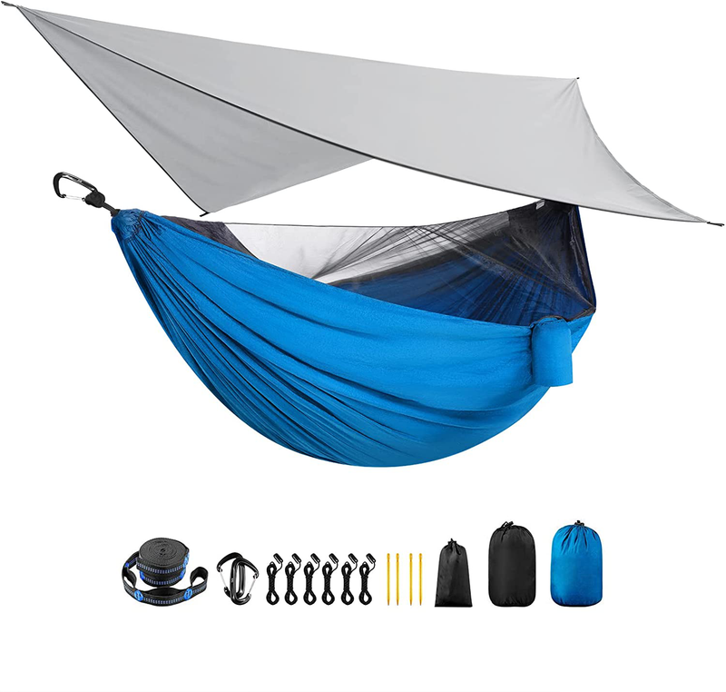Single Double Person Camping Hammock Tent with Mosquito Bug Net and Rain Fly Tarp - Portable Lightweight Parachute Nylon Backpacking Hammocks Set with Tree Straps, Outdoor Survival Hiking Travel, Blue Sporting Goods > Outdoor Recreation > Camping & Hiking > Mosquito Nets & Insect Screens LEADVENST Royal Blue  