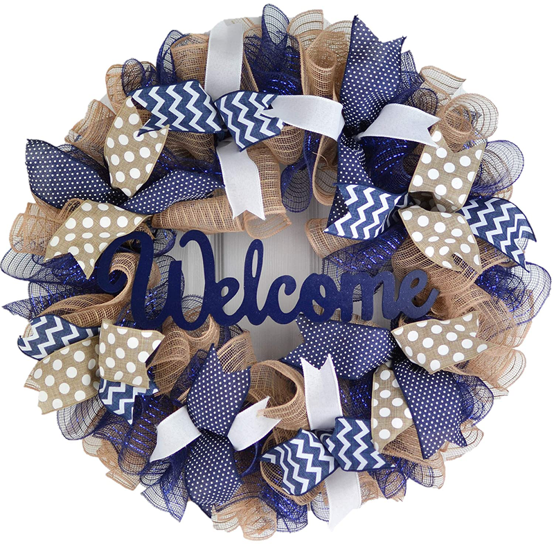 Front Door Welcome Wreaths - Mothers Day Gift - Burlap Everyday Year Round Outdoor Decor - Black Jute White - M5 Home & Garden > Decor > Seasonal & Holiday Decorations Pink Door Wreaths Navy Blue/Jute/White Welcome 