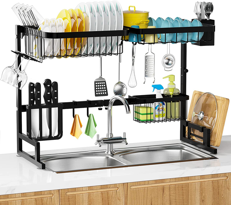 Over the Sink Dish Drying Rack - MERRYBOX 2-Tier Dish Drying Rack over Sink Adjustable Length(25.6-33.5In), Stainless Steel Dish Drainer, Dishes Rack Kitchen Storage Organizer Space Saver