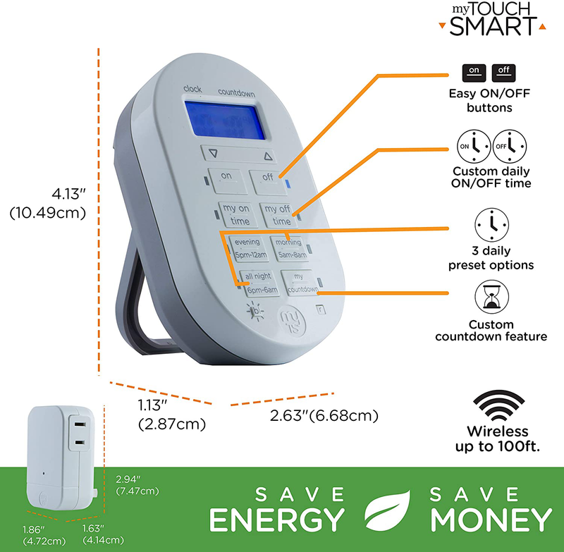 myTouchSmart Wireless Programmable Indoor Digital Timer with Remote, Plug-in, 1 Outlet Polarized, 2 Custom On/Off Times, 24 Hour Countdown, 3 Daily Preset Options, Backlit Display, 35166, White Home & Garden > Lighting Accessories > Lighting Timers myTouchSmart   
