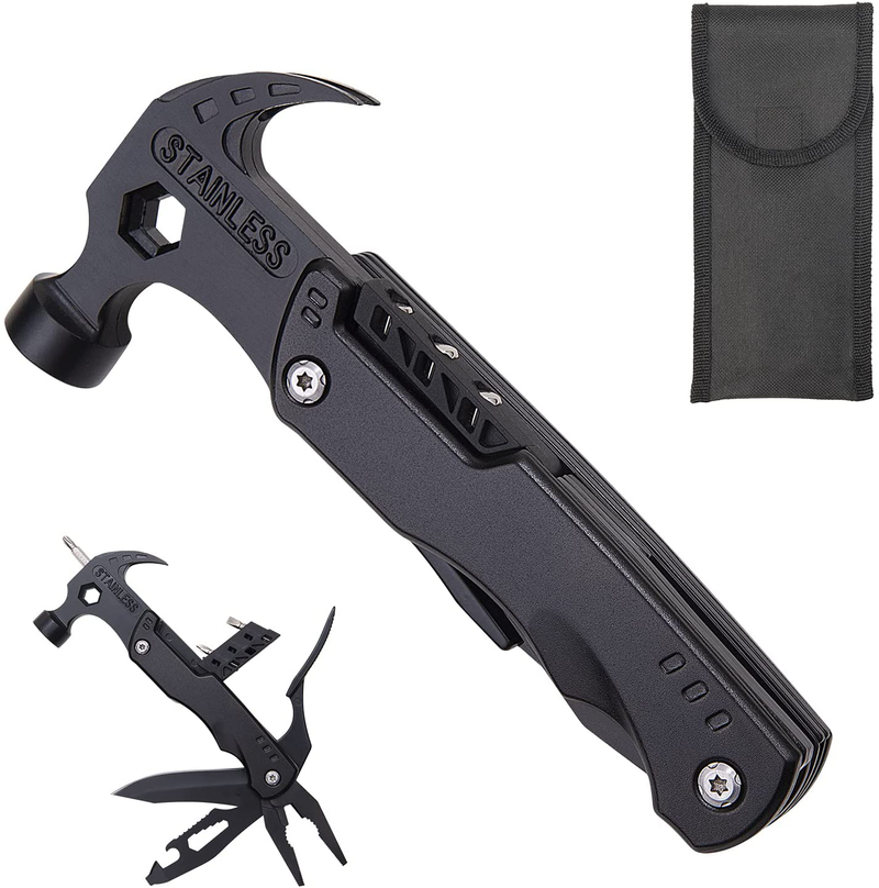 Multitool with Claw Hammer, Stainless Steel Portable Survival Tool with Hammer, Screwdrivers, Nail Puller for Camping,Hiking or Outdoor, Survival in Emergency, Gifts for Men and Women, Black