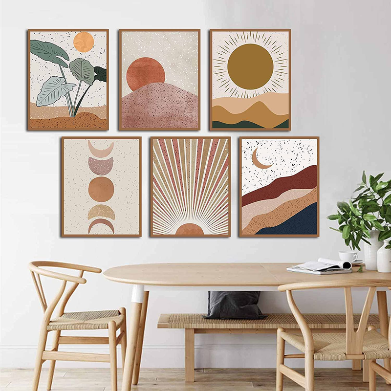 Modern Abstract Mid Century Bohemian Mountains Sun Boho Moon Posters Art Painting Set of 6 (8x10inches ) Living Room Bedroom Hallway Kitchen Housewarming Gift Home Decor Unframed Home & Garden > Decor > Artwork > Posters, Prints, & Visual Artwork FWK   