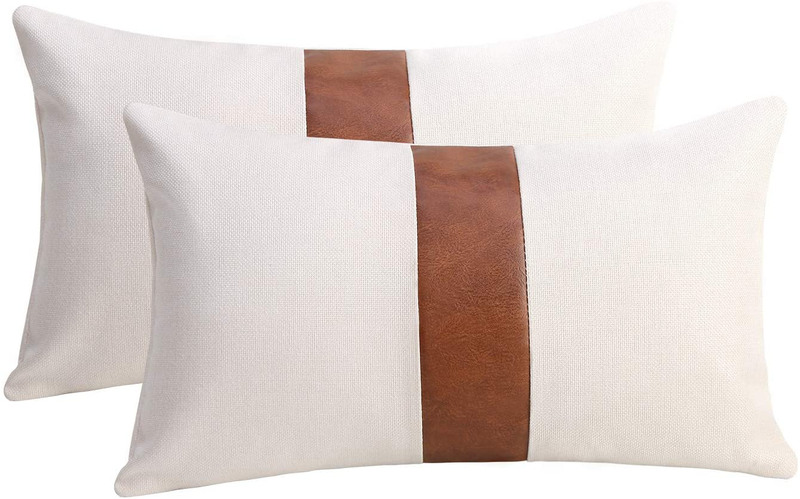 Set of 2 White Linen Patchwork Faux Leather Throw Pillow Covers for Couch Living Room Bedroom, Modern Accent Decorative Square Cushion Covers 20X20 Inch (White, 20X20 Inch) Home & Garden > Decor > Chair & Sofa Cushions cygnus White 12x20 inch 