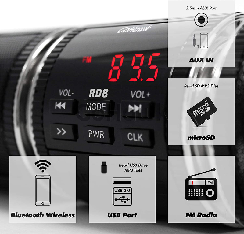 GoHawk RD8 Gen.2 Waterproof Bluetooth Motorcycle Stereo Speakers 7/8-1.25 in. Handlebar Mount MP3 Music Player Audio Amplifier System Scooter Bike ATV UTV Jet Ski, AUX in, USB, microSD, FM Radio