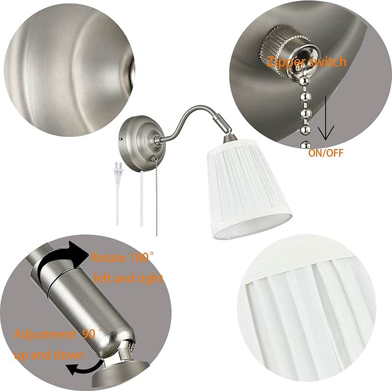 Plug in Swing Arm Wall Sconce Set of 2 ，YILYNN Wall Light with Switch and Fabric Shade, Bedside Wall Lamp with Matte Nickel Finish ，Suitable for Bedroom Bedside Living Room Bathroom Study Foyer Home & Garden > Lighting > Lighting Fixtures > Wall Light Fixtures KOL DEALS   