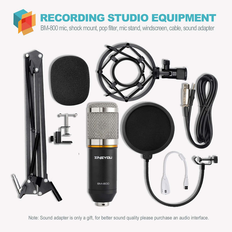 ZINGYOU Condenser Microphone Bundle, BM-800 Mic Kit with Adjustable Mic Suspension Scissor Arm, Shock Mount and Double-Layer Pop Filter for Studio Recording & Brocasting (BM-800 Microphone Bundle)