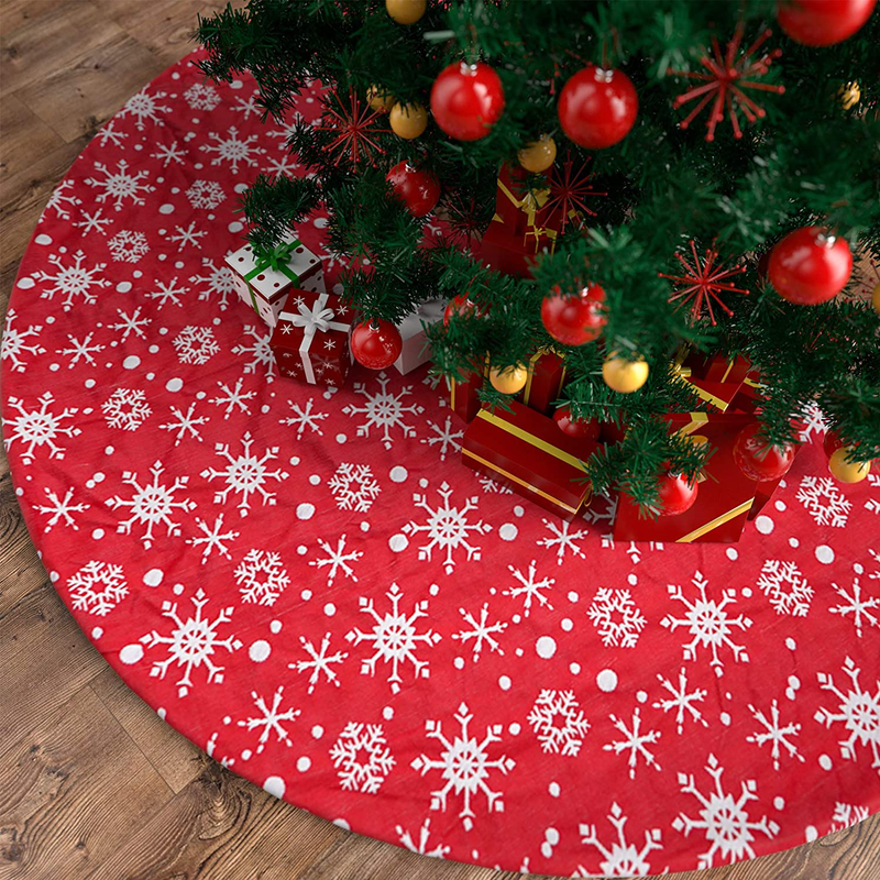 COOLWUFAN 48 Inches Christmas Tree Skirt Red, White Snowflake Christmas Tree Mats for Xmas Tree Holiday Party Decorations（Red+White） Home & Garden > Decor > Seasonal & Holiday Decorations > Christmas Tree Skirts COOLWUFAN Red  