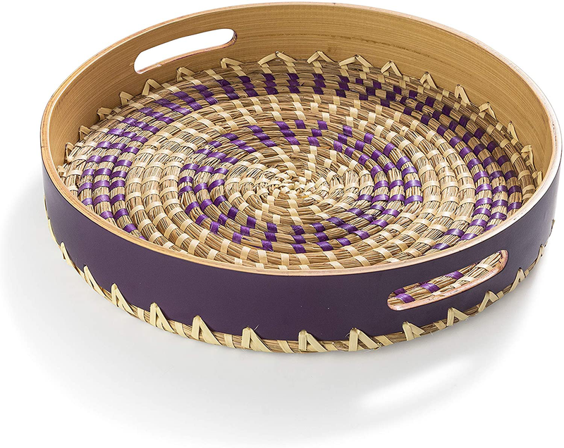KAMEL BINKY Round Serving Tray | Bamboo Seagrass Rattan | Wicker Woven | Decorative for Coffee Table Ottoman | Built-in Handles | 13.8 inch x 2 inch | Violet Natural Rattan Strings Home & Garden > Decor > Decorative Trays Kamel Binky Serving tray with palm leaf strings  