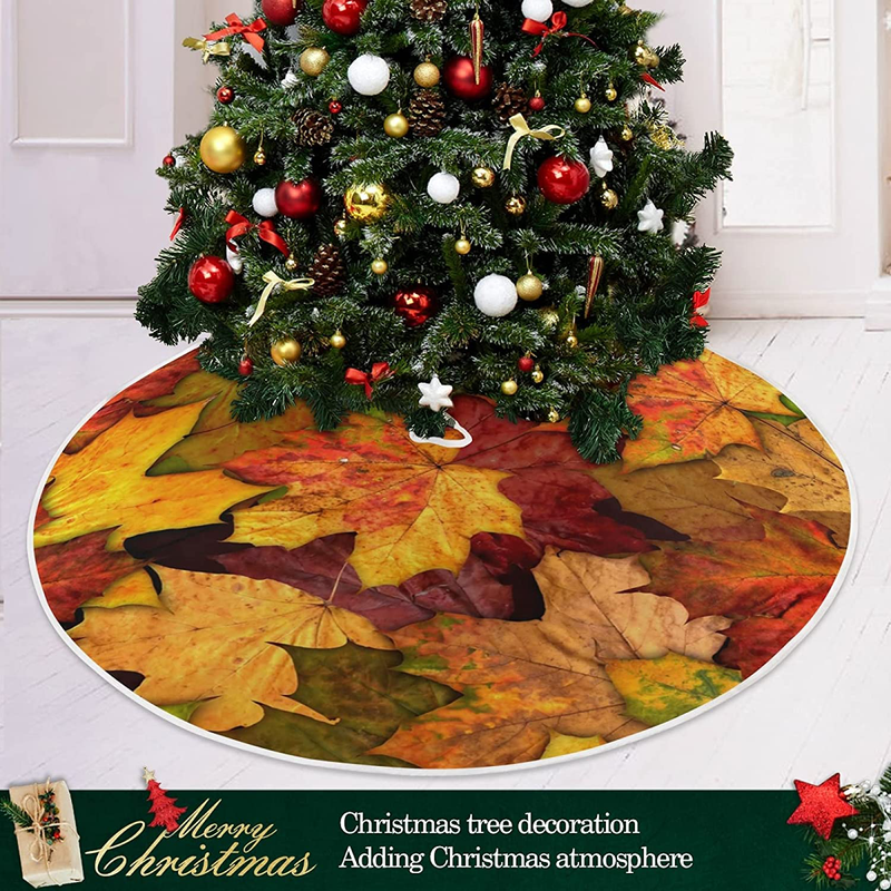 Dussdil Autumn Maple Leaves Christmas Tree Skirt Fall Dry Yellow Leaf Tree 36 Inches Xmas Tree Skirts Floor Door Mat Rug Decorations for Holiday Party Indoor Outdoor Home Office Ornaments