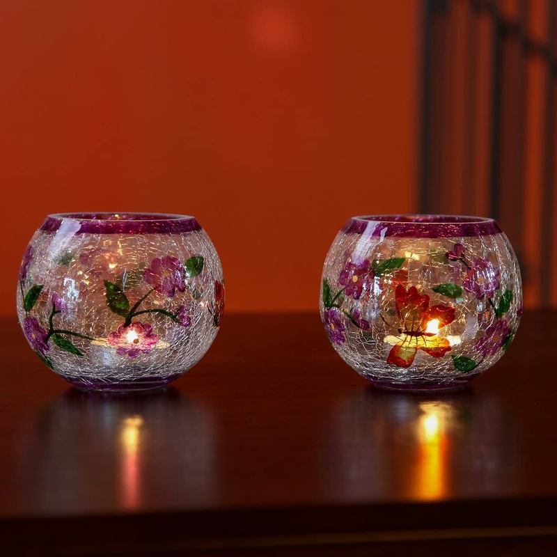 Home-X - Hand Painted Blossoms and Butterflies Candleholders (Set of 2), Crackle Glass Candle Holder Design is Elegant, Crafted by Hand, and The Perfect Centerpiece in Any Home Home & Garden > Decor > Home Fragrance Accessories > Candle Holders Home-X   